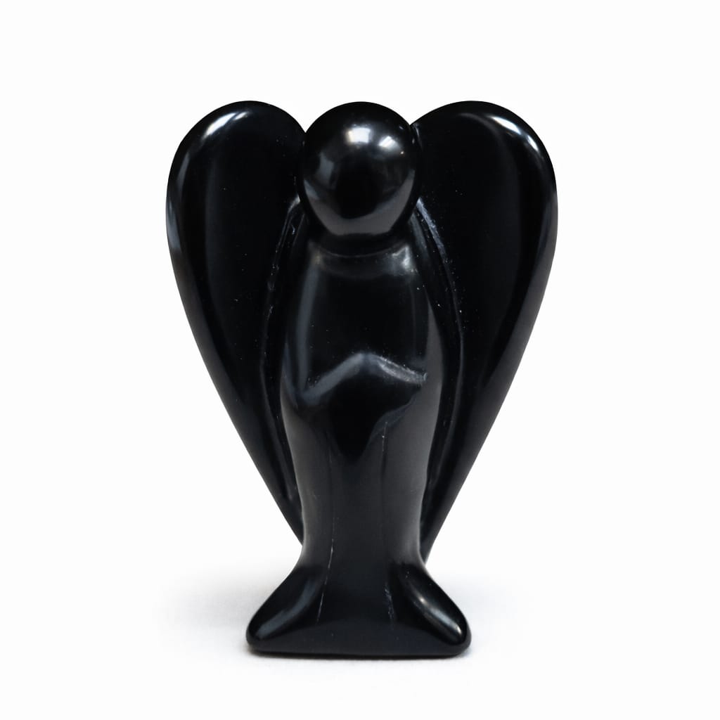 Figurine ange en obsidienne noire polie, vue de face, 5 cm