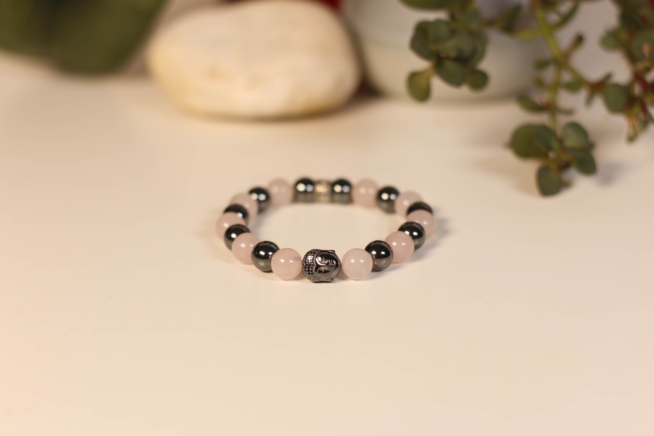 Bracelet Bouddha Quartz Rose Hématite 1