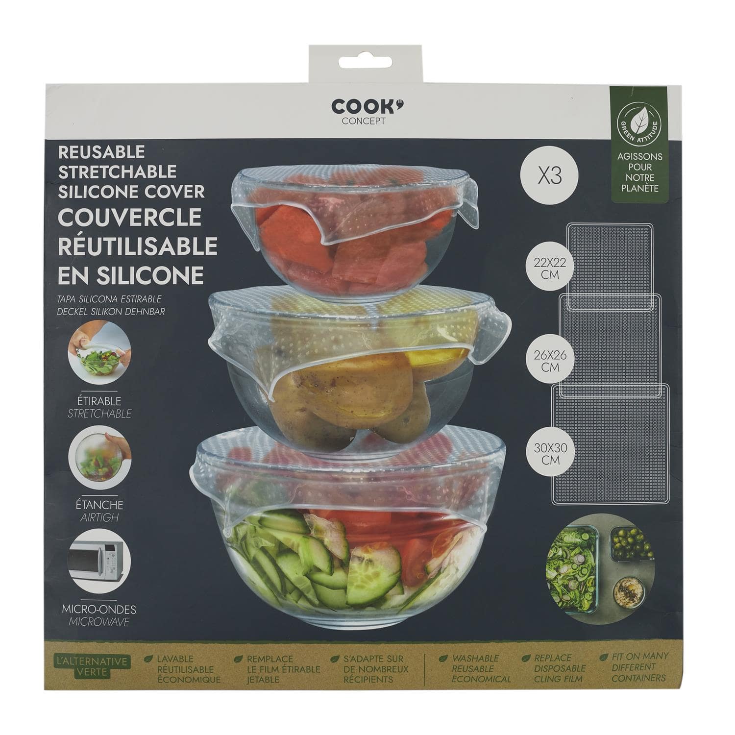 Kit 3 Couvercles Silicone Alimentaire - Extensible, Réutilisable