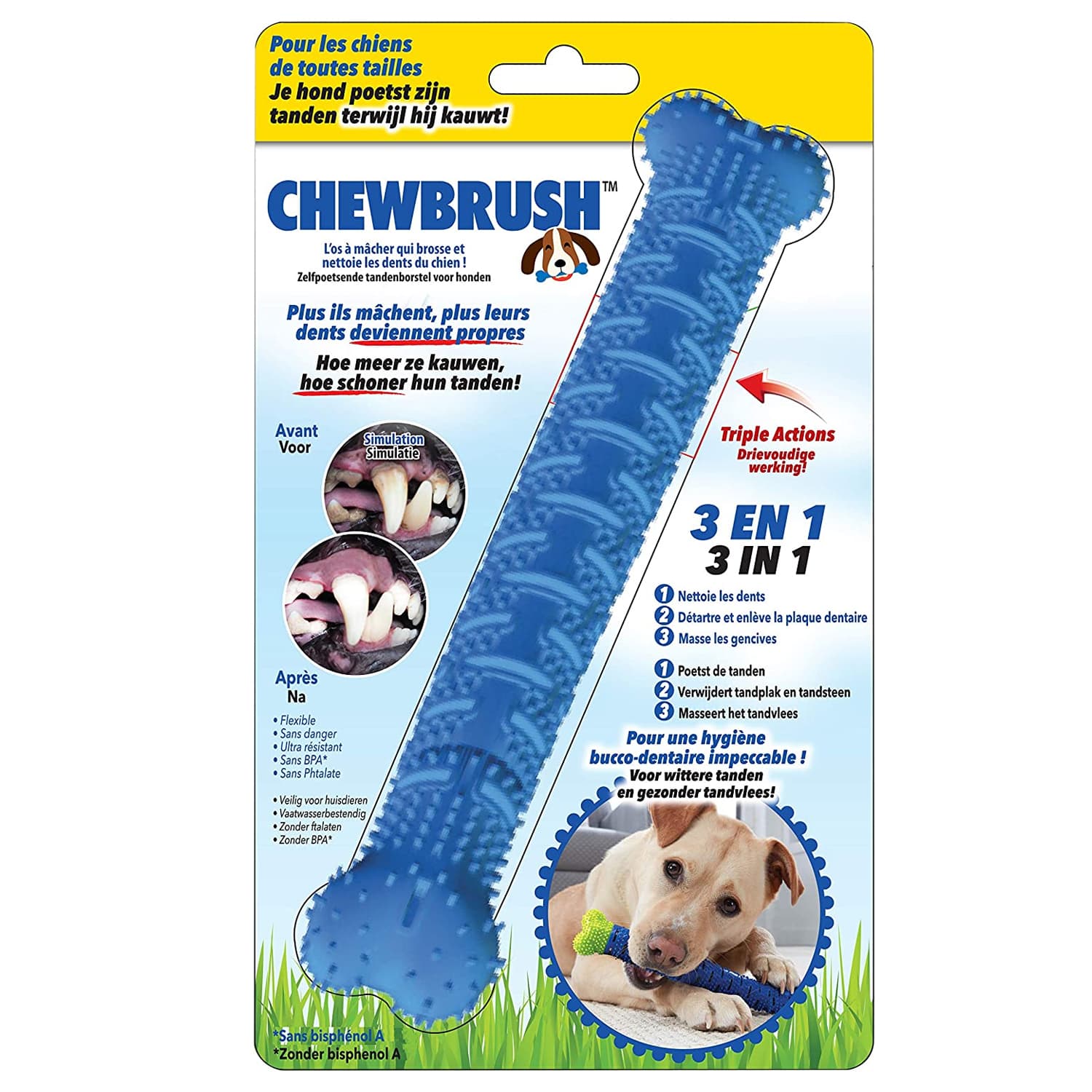 Chewbrush - L\'Os à mâcher qui Brosse et Nettoie les dents du chein - Modèle Large