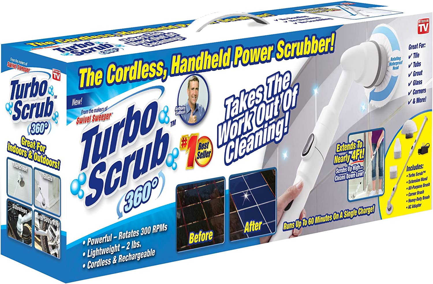 TURBO SCRUB Kit de nettoyage électrique 360° - Manche télescopique jusqu'à 1,2m