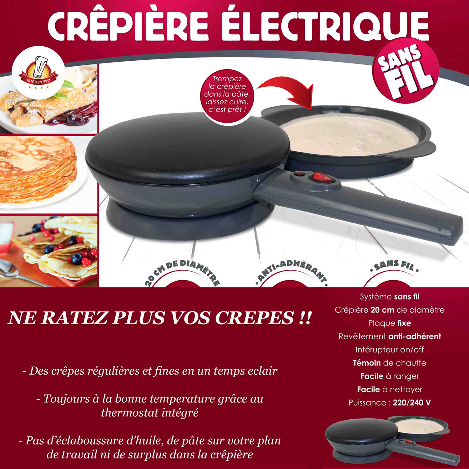 Crêpière électrique blanche sans fil de 20 cm crepeasy de