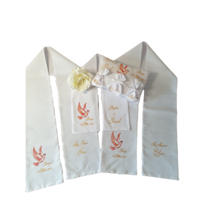 box trio écharpes de baptême enfant plus parrain marraine avec coussin
