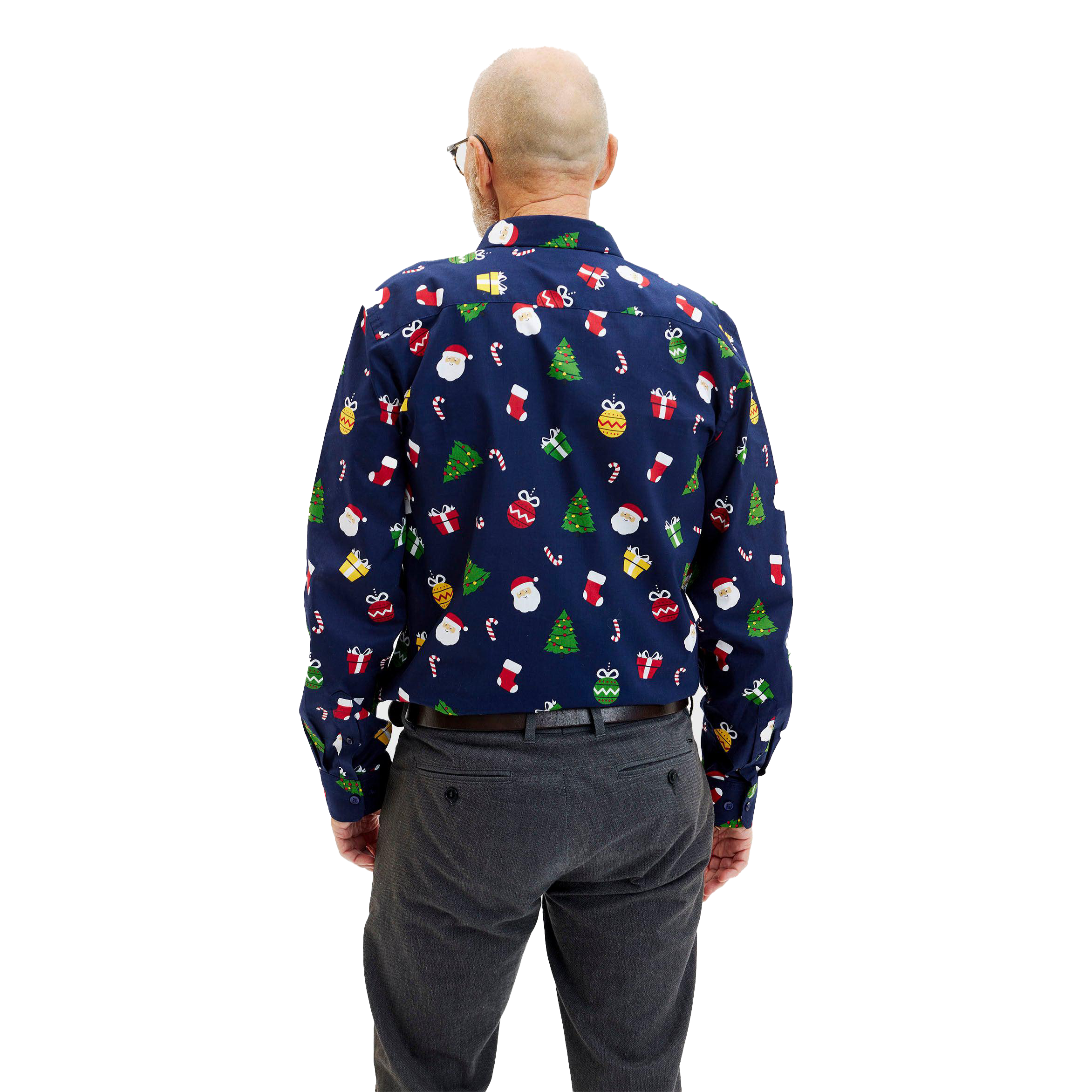 Man in blauw kersthemd van biologisch katoen met kleurrijke kerstmotieven