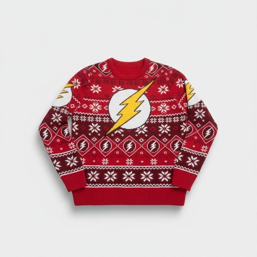 Rode foute kersttrui The Flash van DC Comics met bliksemlogo en sneeuwvlokken