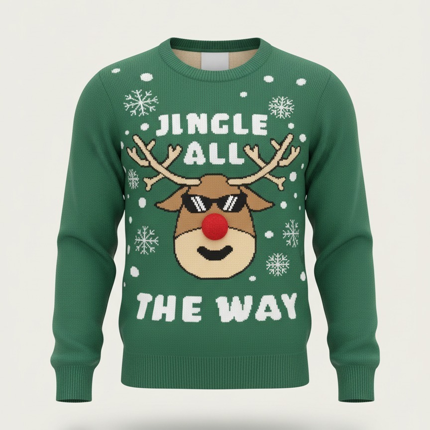 Pull de Noël vert Pompon et lunettes