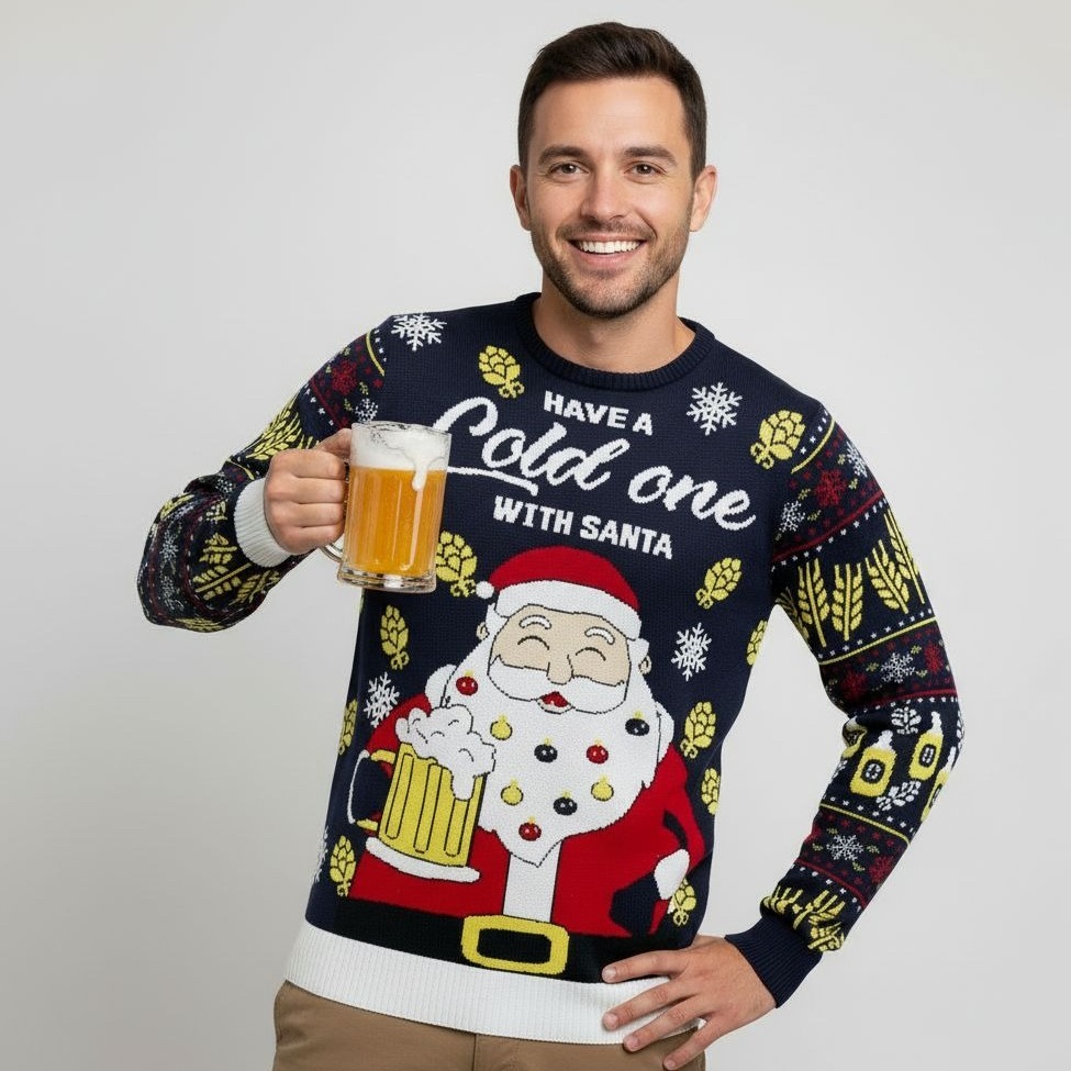 Man in foute kersttrui Beer met Kerstman en pint bier