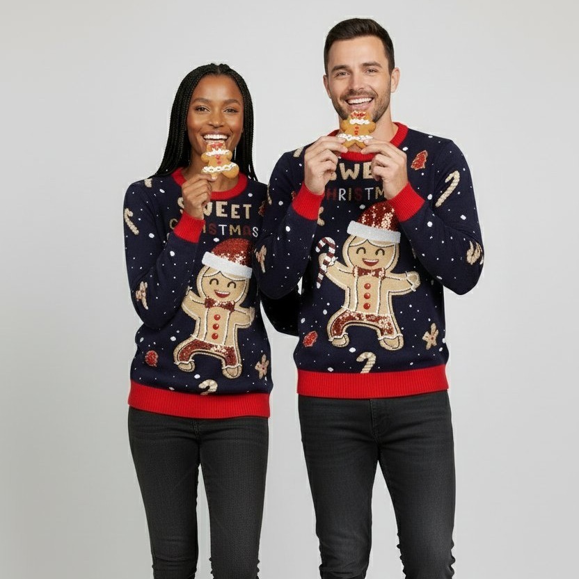 Pull de Noël Petit Biscuit – Bleu Marine à LEDs intégrées