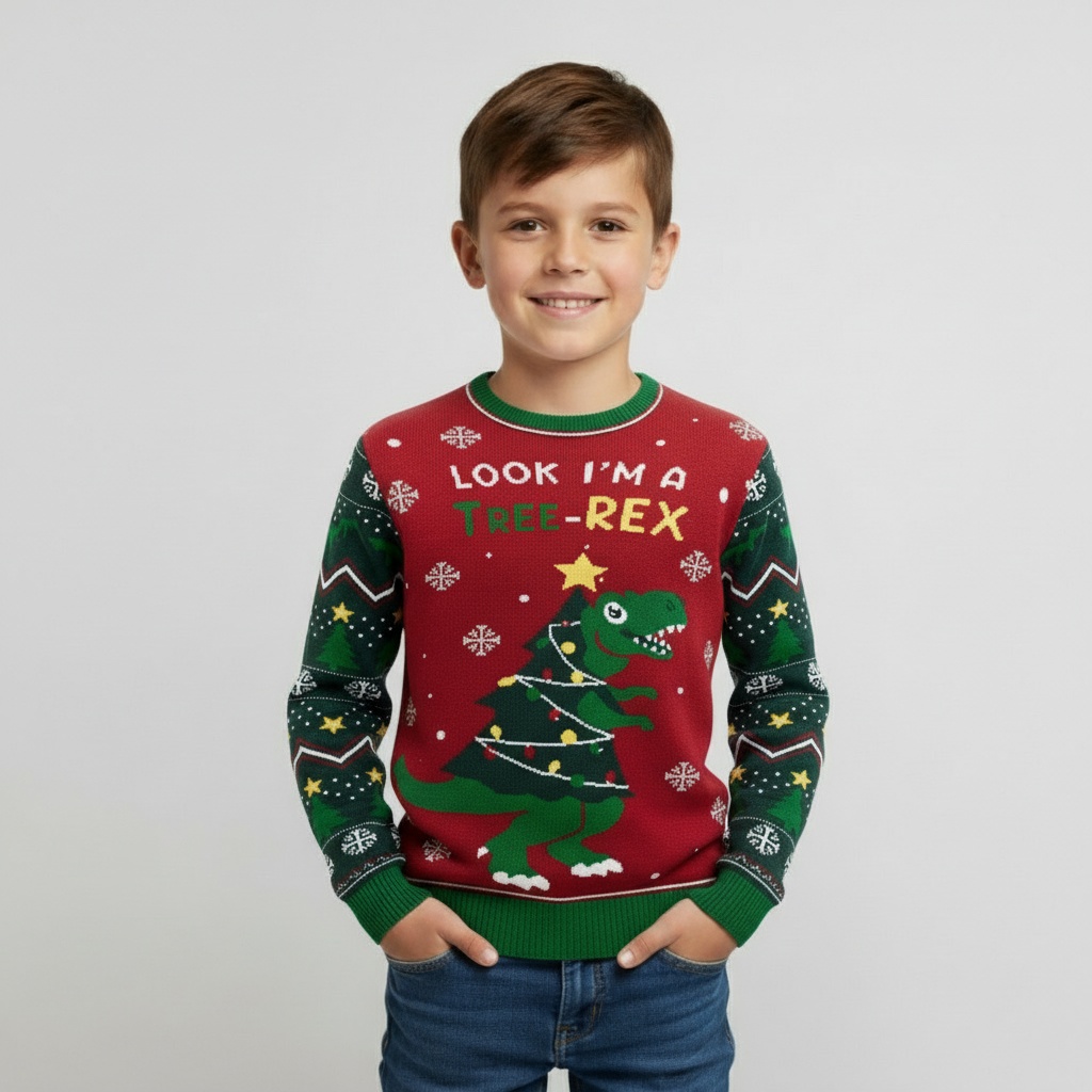 Pull de Noël garçon motif dinosaure noir chine