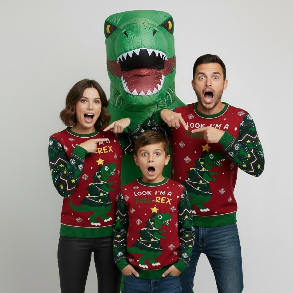 Weihnachtspullover Familie T-Rex – leuchtend