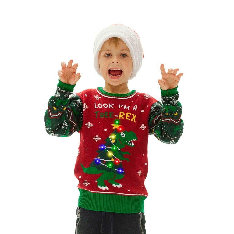 Pull de Noel Enfant DIno avec Lumieres LED Magie et Confort