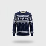 Marineblauwe kersttrui Après-ski met witte bergmotieven, skiers en kerstbomen