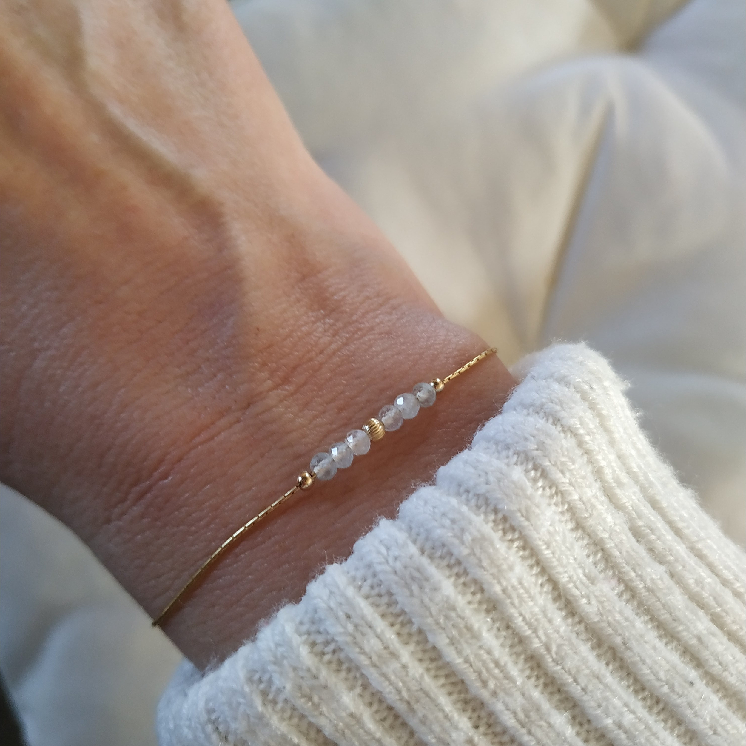 bracelet perles naturelles morganite bleu en or gold filled