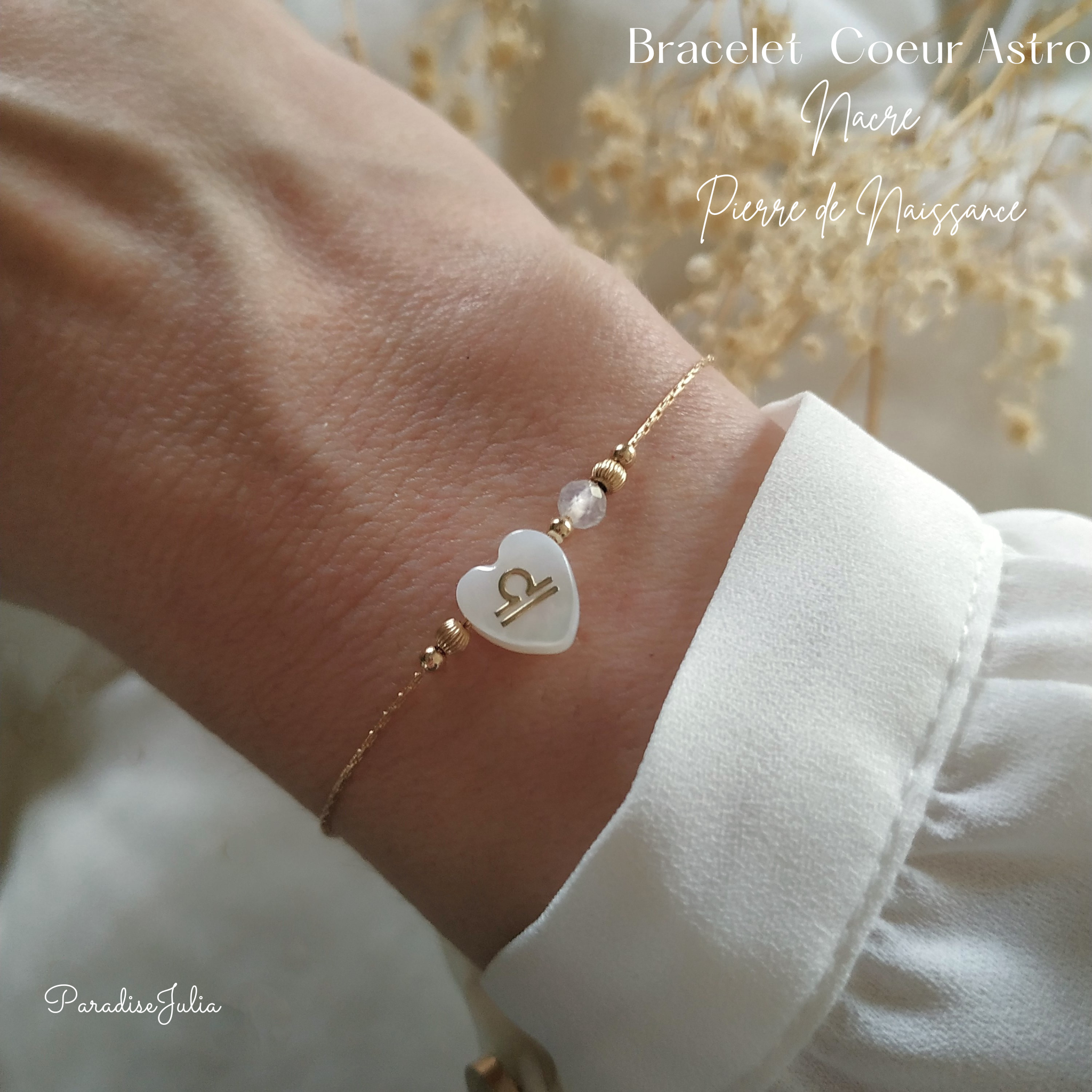 Bracelet Pierre de Naissance et signe Astrologique en cœur nacre