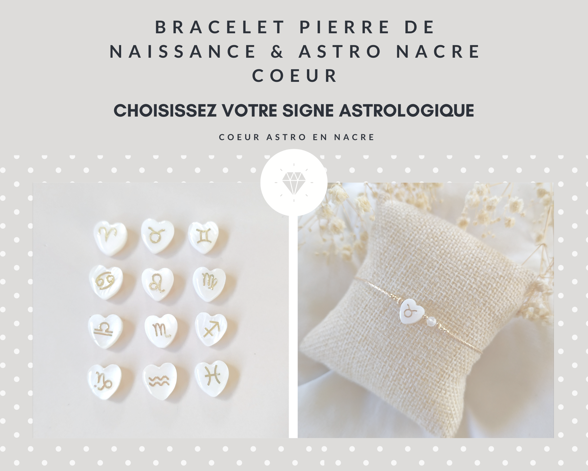Bracelet Pierre de Naissance et signe Astrologique  coeur en nacre