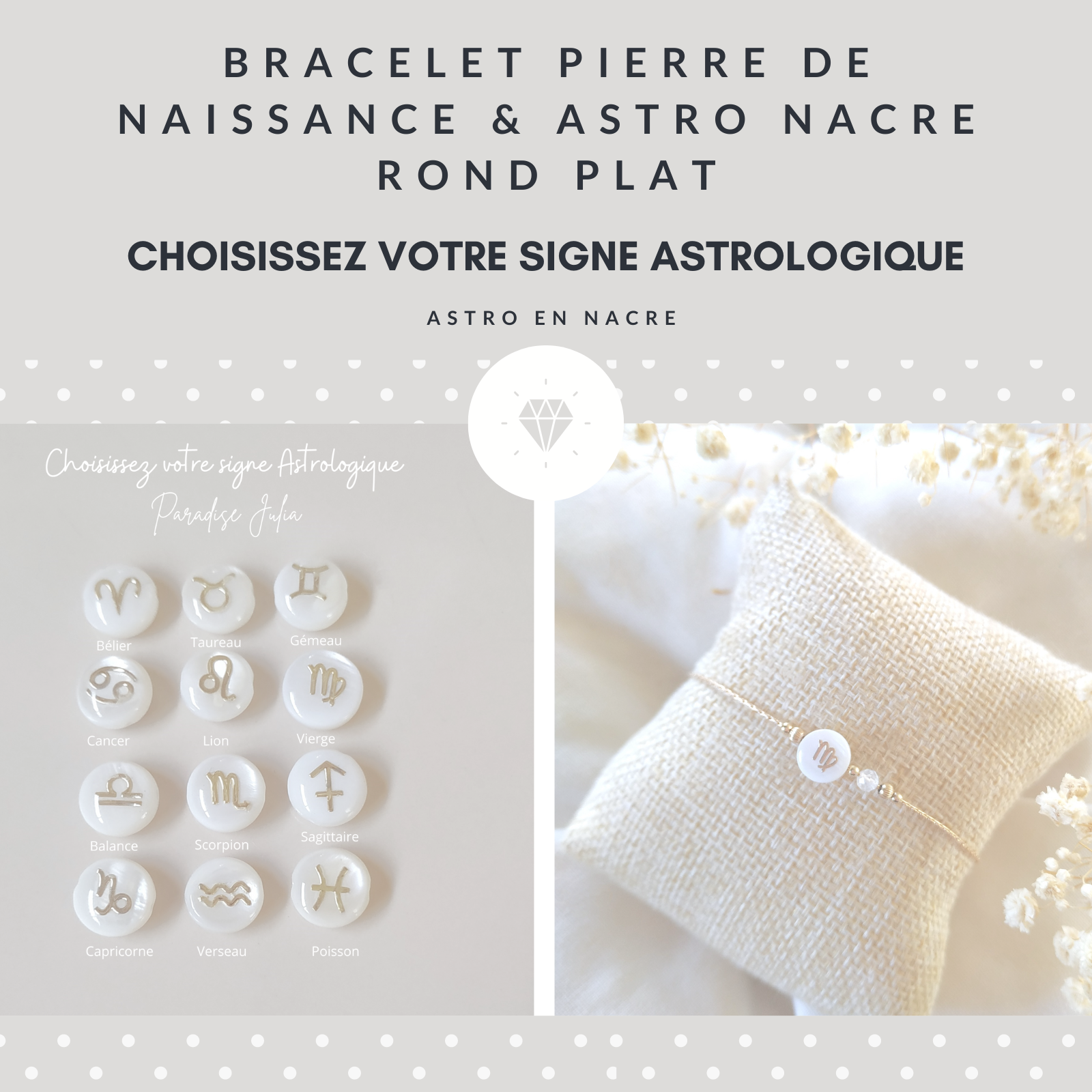 Bracelet Pierre de Naissance et signe Astrologique  coeur en nacre-