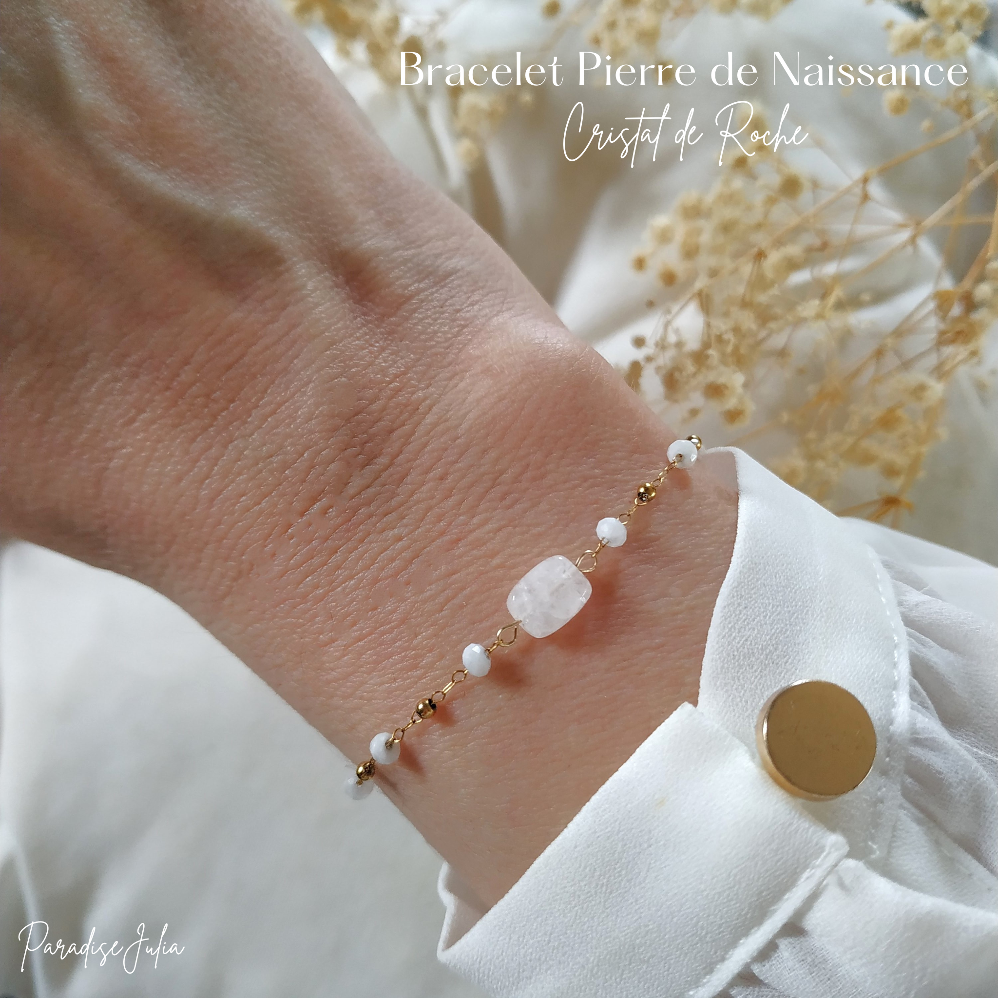 Bracelet Pierre de Naissance dAvril-Cristal de Roche-Chaine perlée