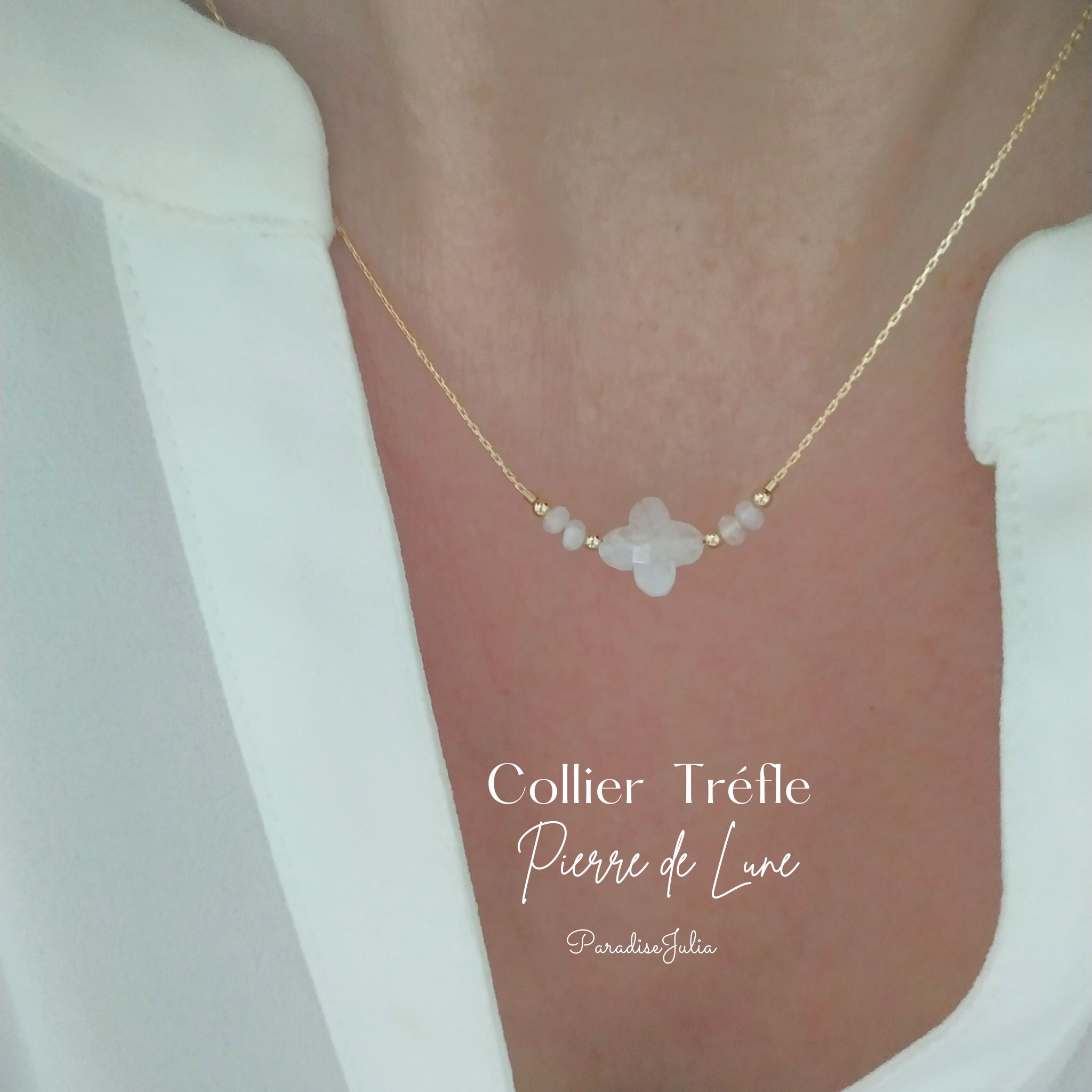 Collier Pierre de Naissance-Tréfle-Juin -Pierre de Lune gold filled