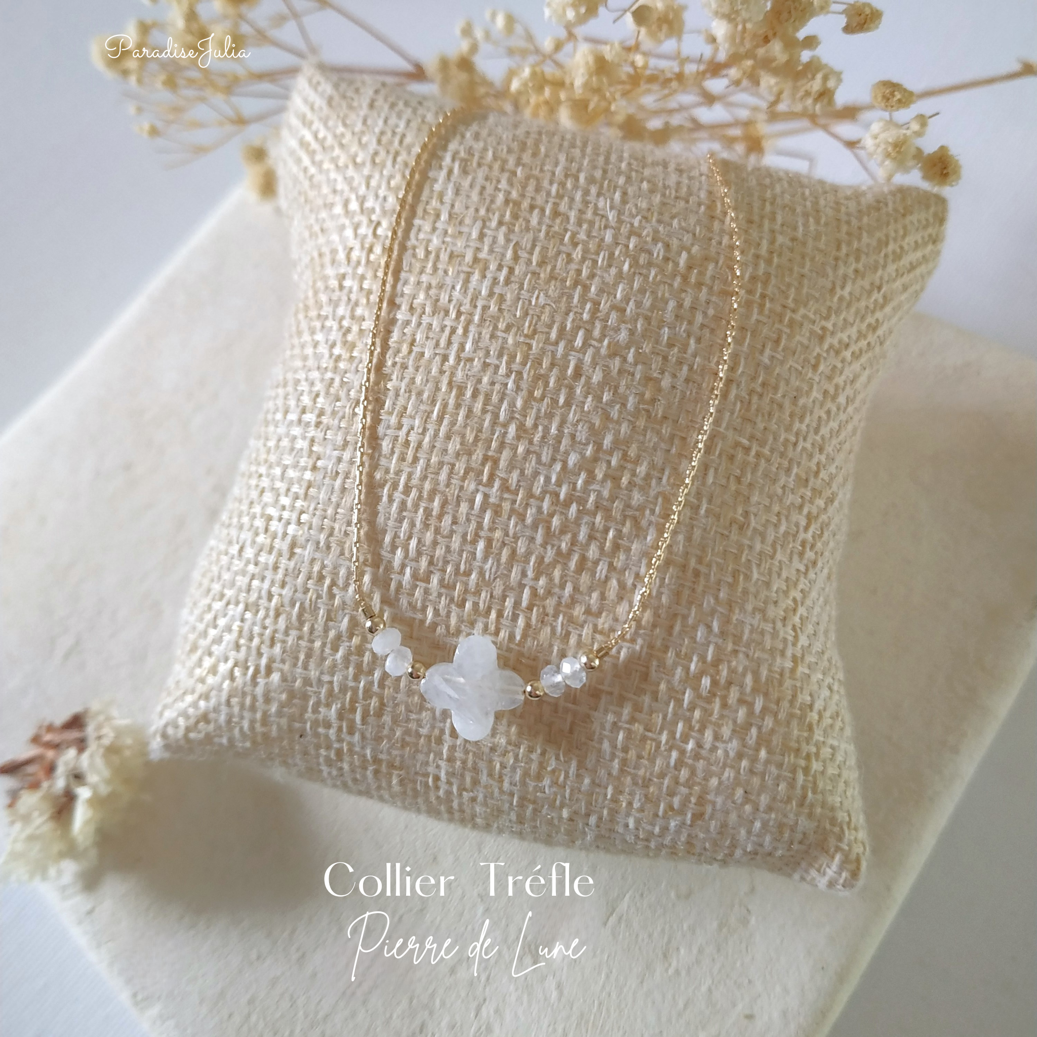 Collier Pierre de Naissance-Tréfle-Juin -Pierre de Lune -
