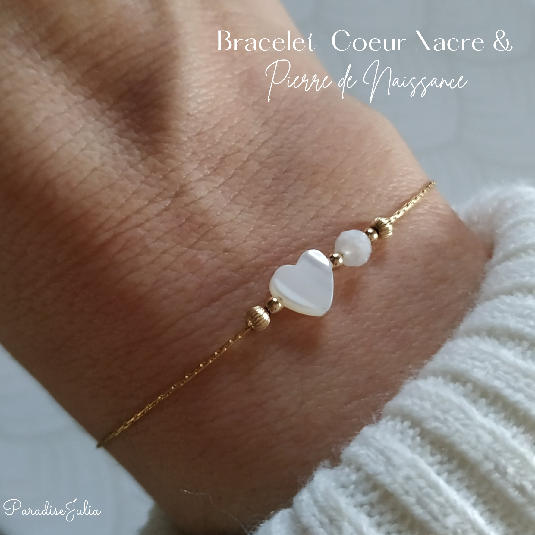 Bracelet Coeur Nacre &amp; Pierre de Naissance
