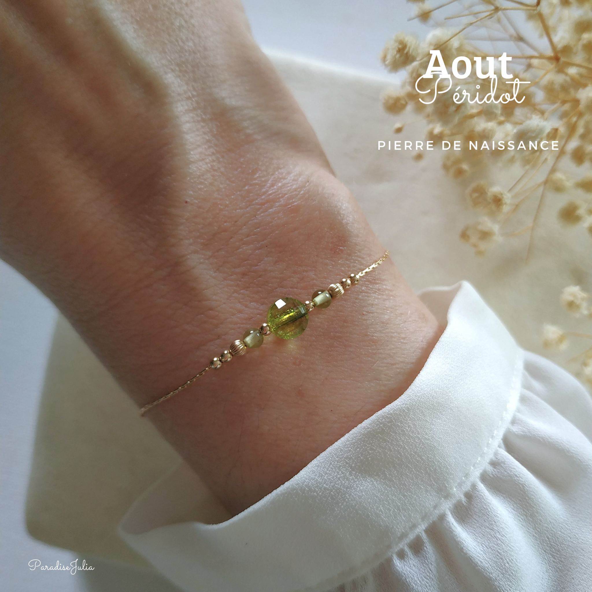 Bracelet Pierre dee Naissance du mois daout -Péridot-Or Gold filled