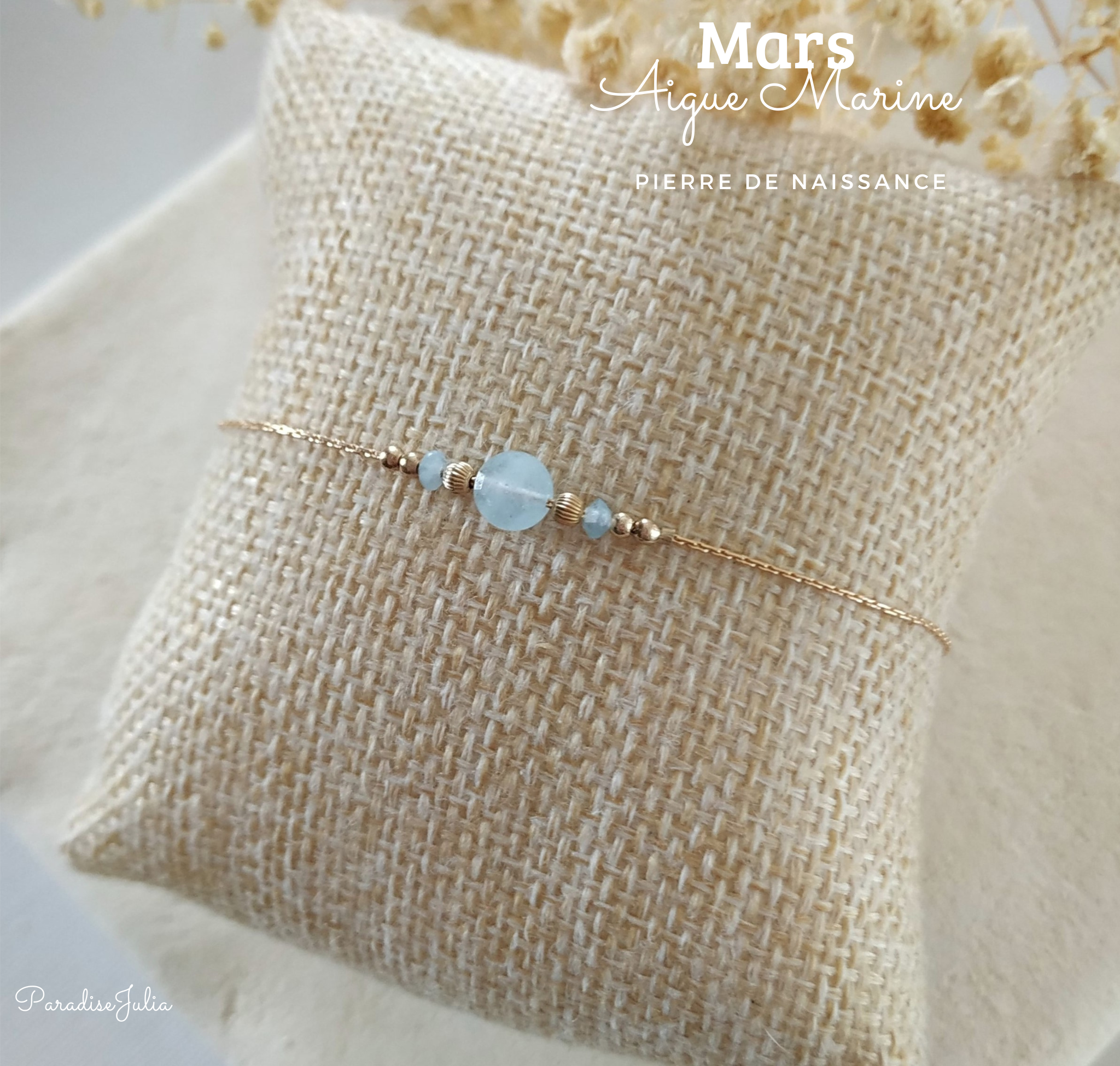 Bracelet Pierre de Naissance-Mars-Pierre Aigue Marine Naturelle Or