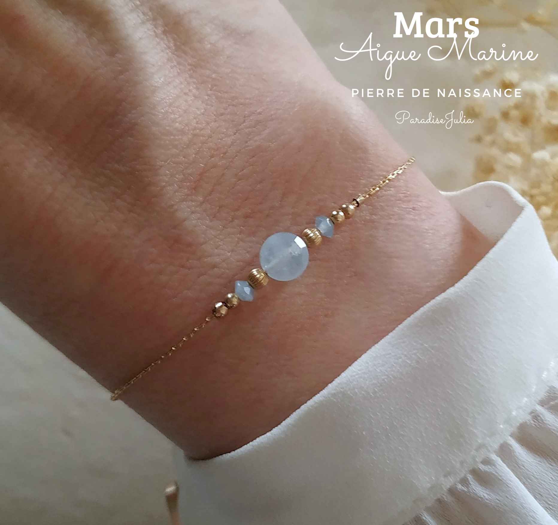 Bracelet Pierre de Naissance-Mars-Pierre Aigue Marine Naturelle Or