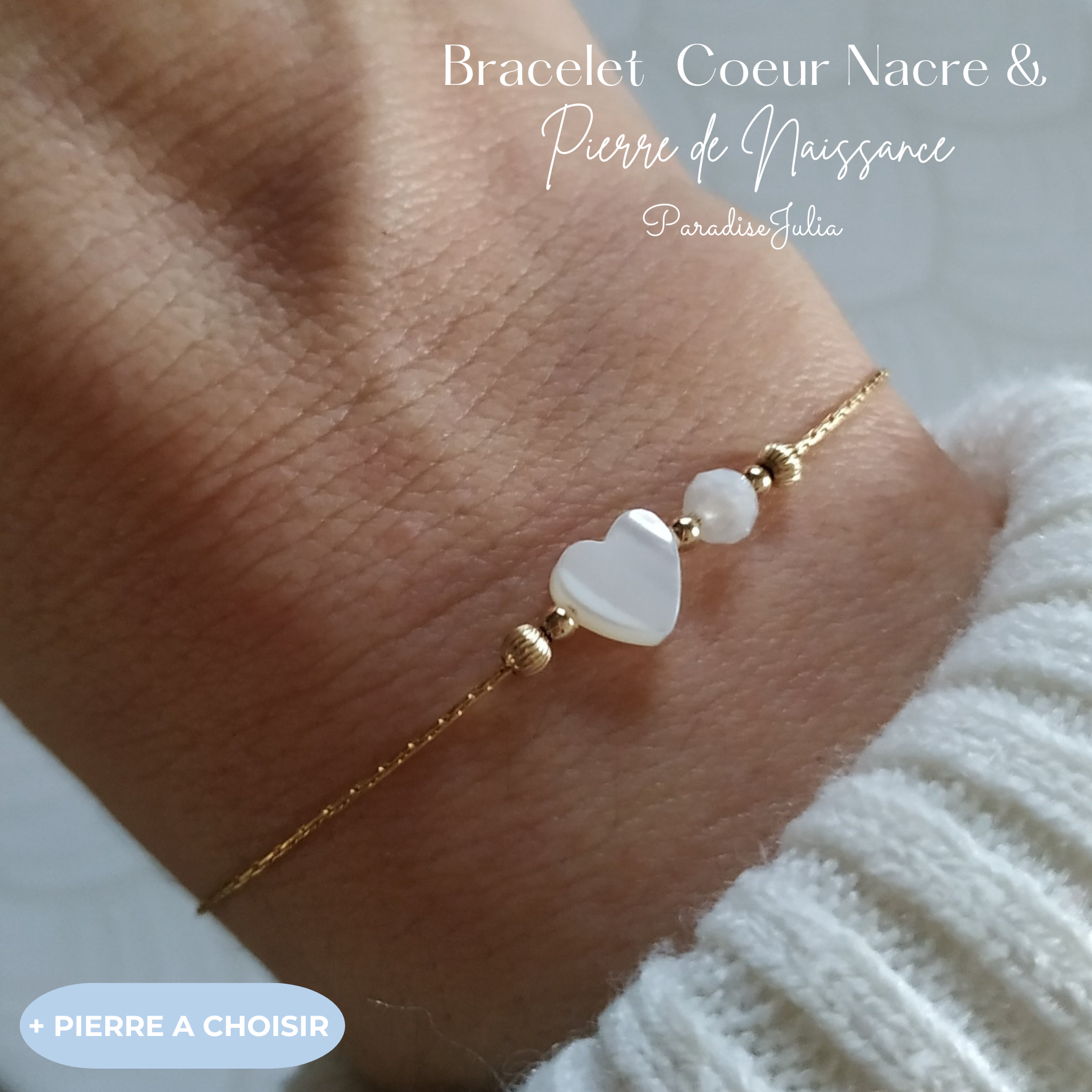 Bracelet Coeur Nacre &amp; Pierre de Naissance-cadeau femme