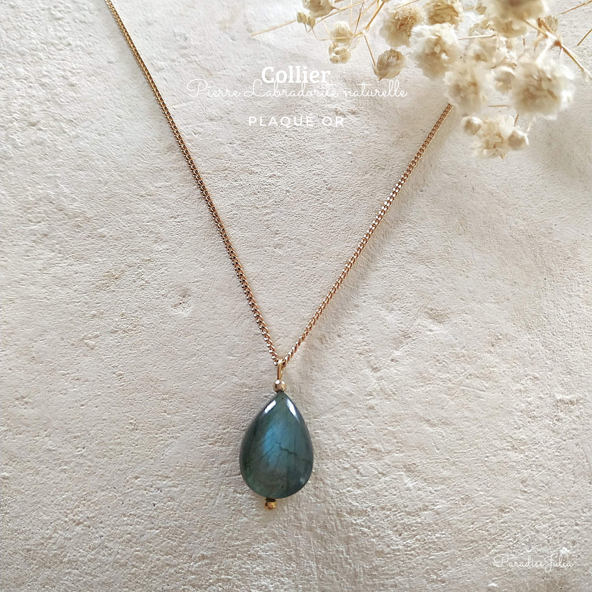 Collier Pendentif En Labradorite Naturelle – Acier Inoxydable Doré Et Pierre Grise – Longueur 18cm + Boîte