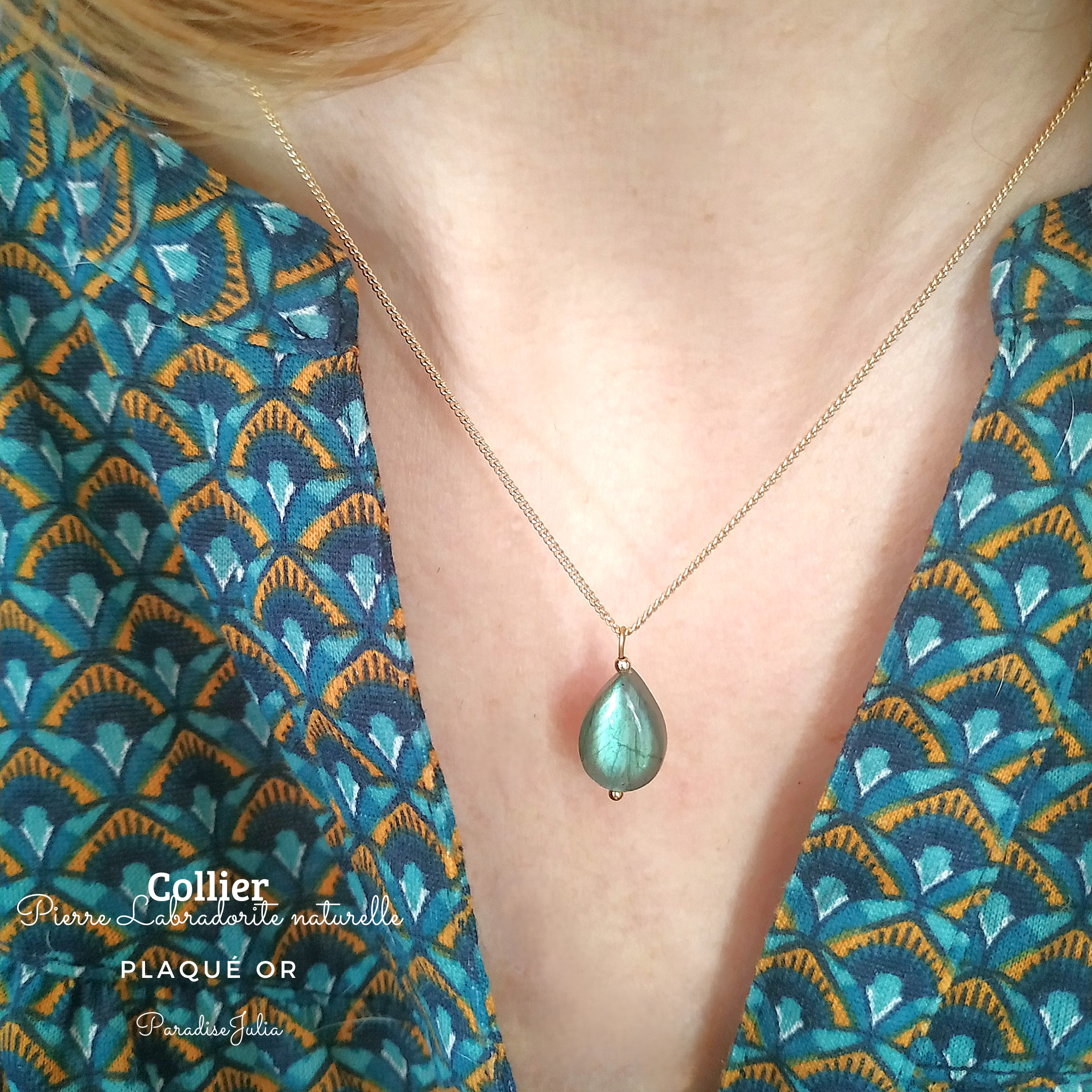 Collier Pierre Labradorite Naturelle-Plaqué or 3 microns-Pardise Julia-idée cadeau femme