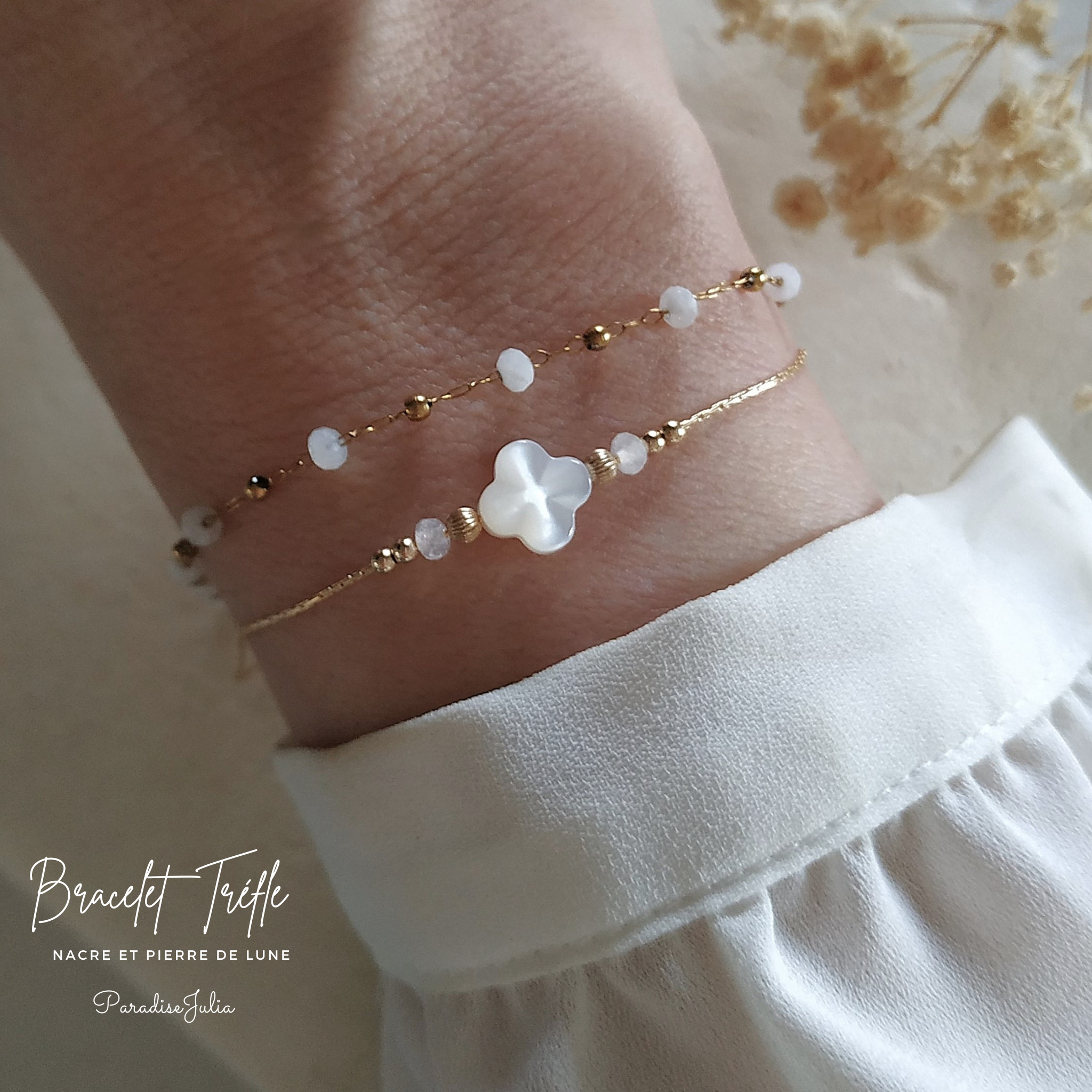 Bracelet Pierre de Naissance-Tréfle Nacre-Or gold Filled-Paradisejulia