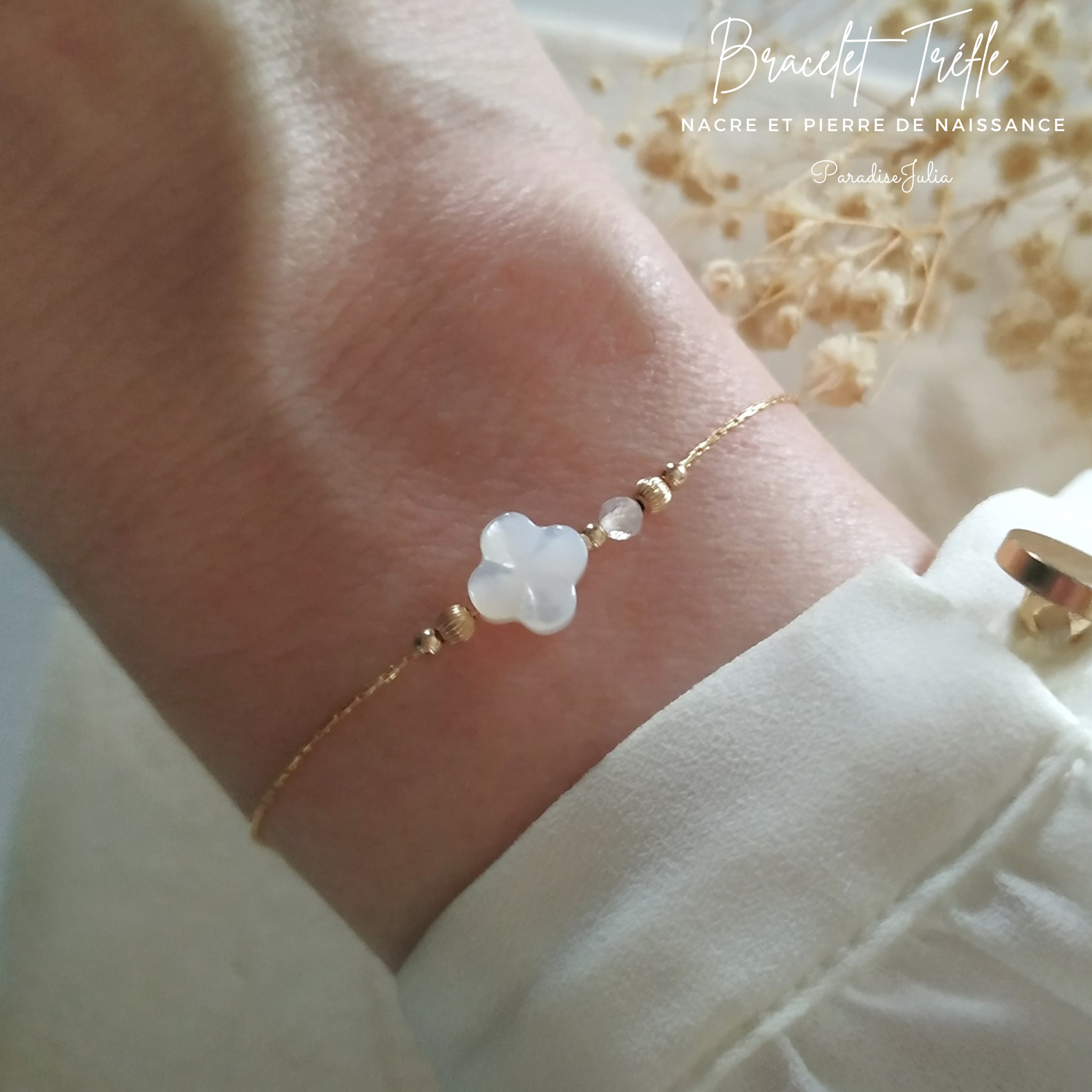 Bracelet Pierre de Naissance-Tréfle Nacre- Gold Filled-Idée cadeau femme Noel-