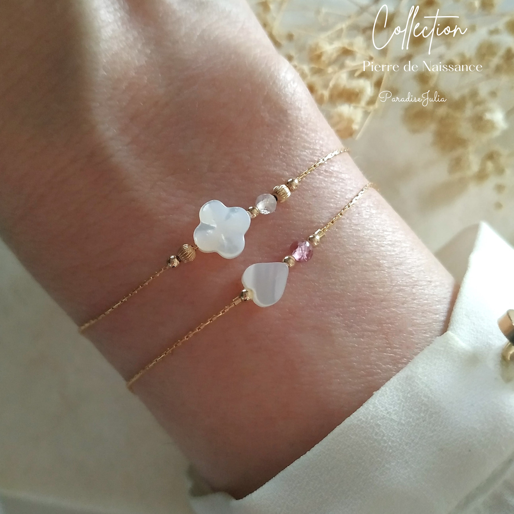Bracelet Pierre de Naissance-Tréfle Nacre-Gold Filled-Cadeau pour femme