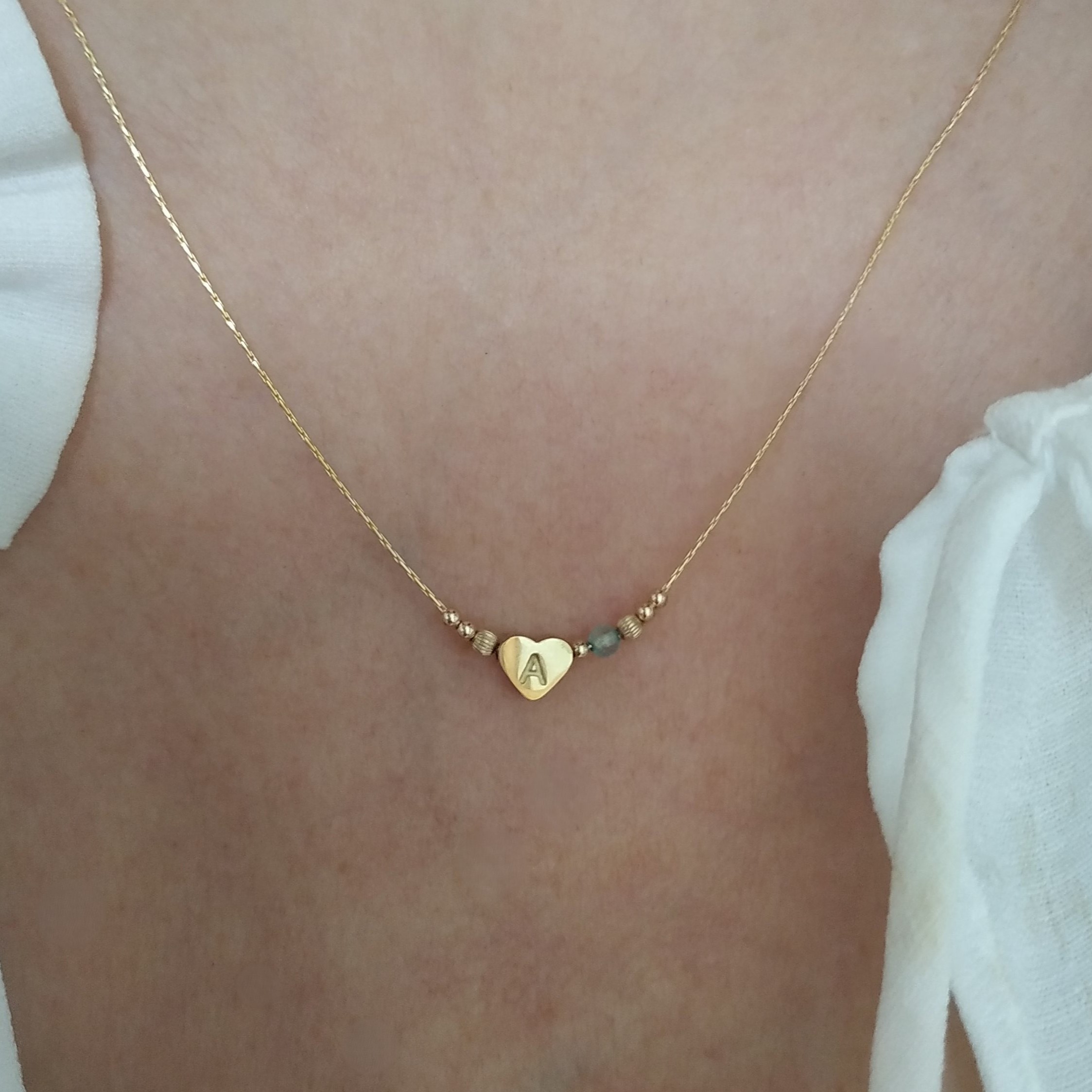 Collier intiale Coeur et Pierre de Naissance-Gold filled