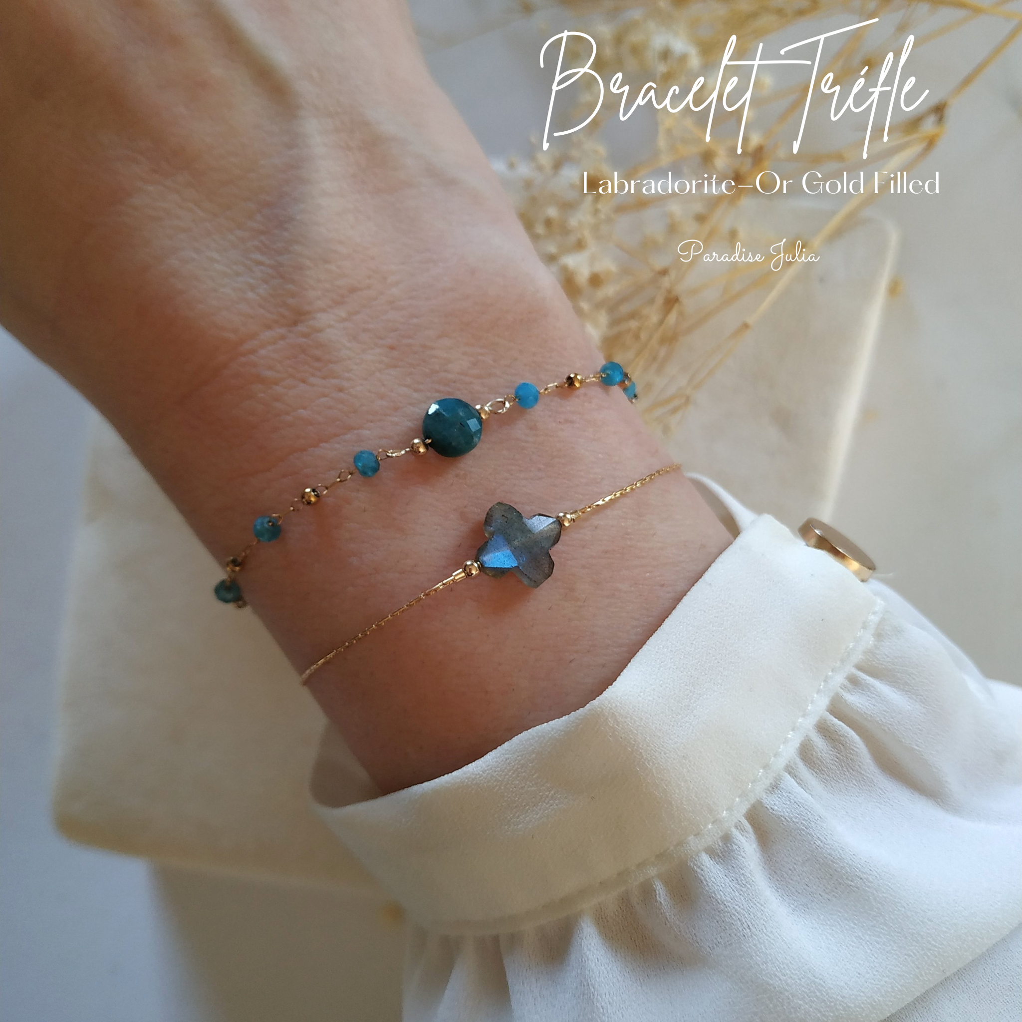 Bracelet tréfle Pierre de Naissance naturelle-or gold filled-Paradise Julia