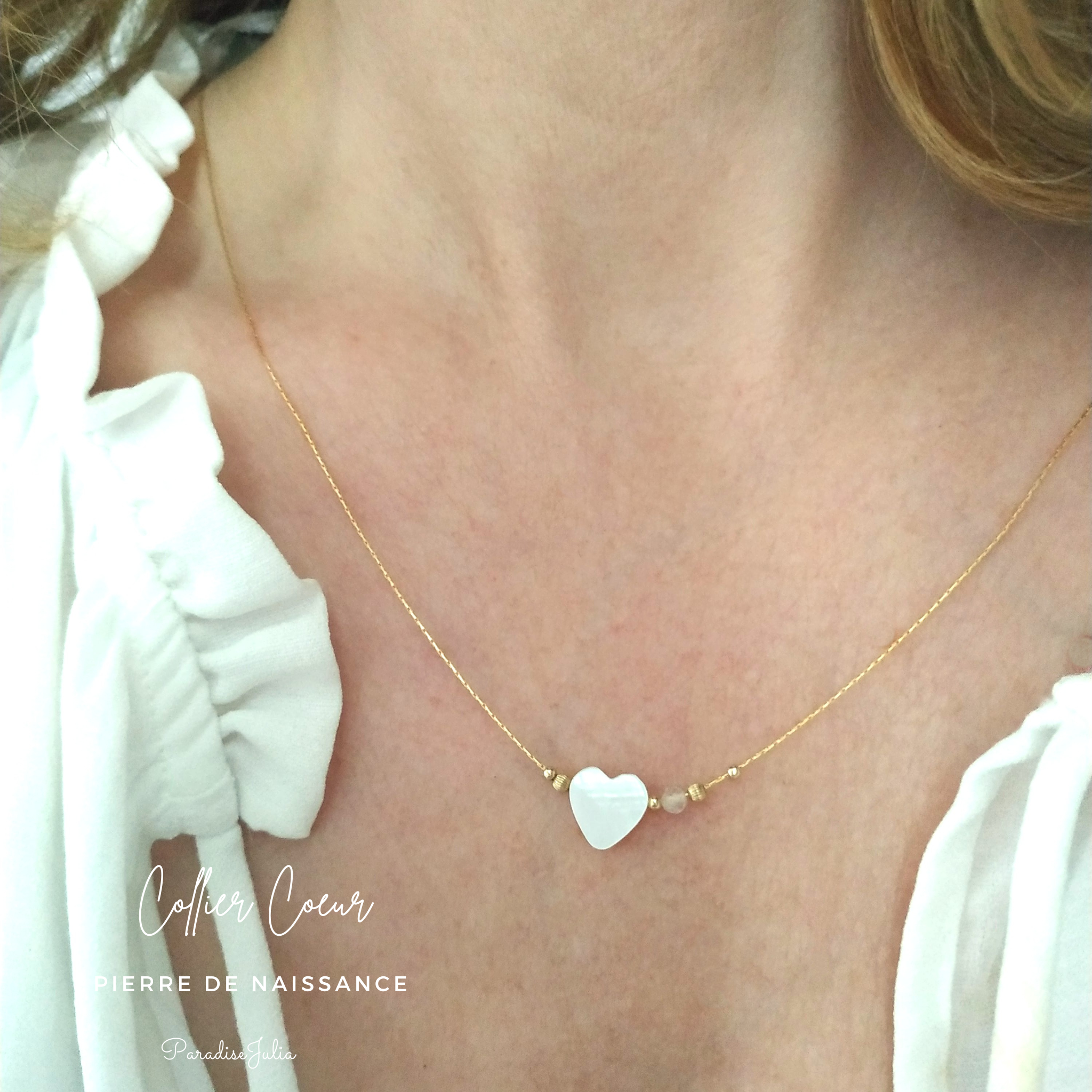 Collier Pierre de Naissance Personnalisé avec coeur Nacre Naturelle et or Gold Filled-Idée cadeau Jeune maman-de ParadiseJulia