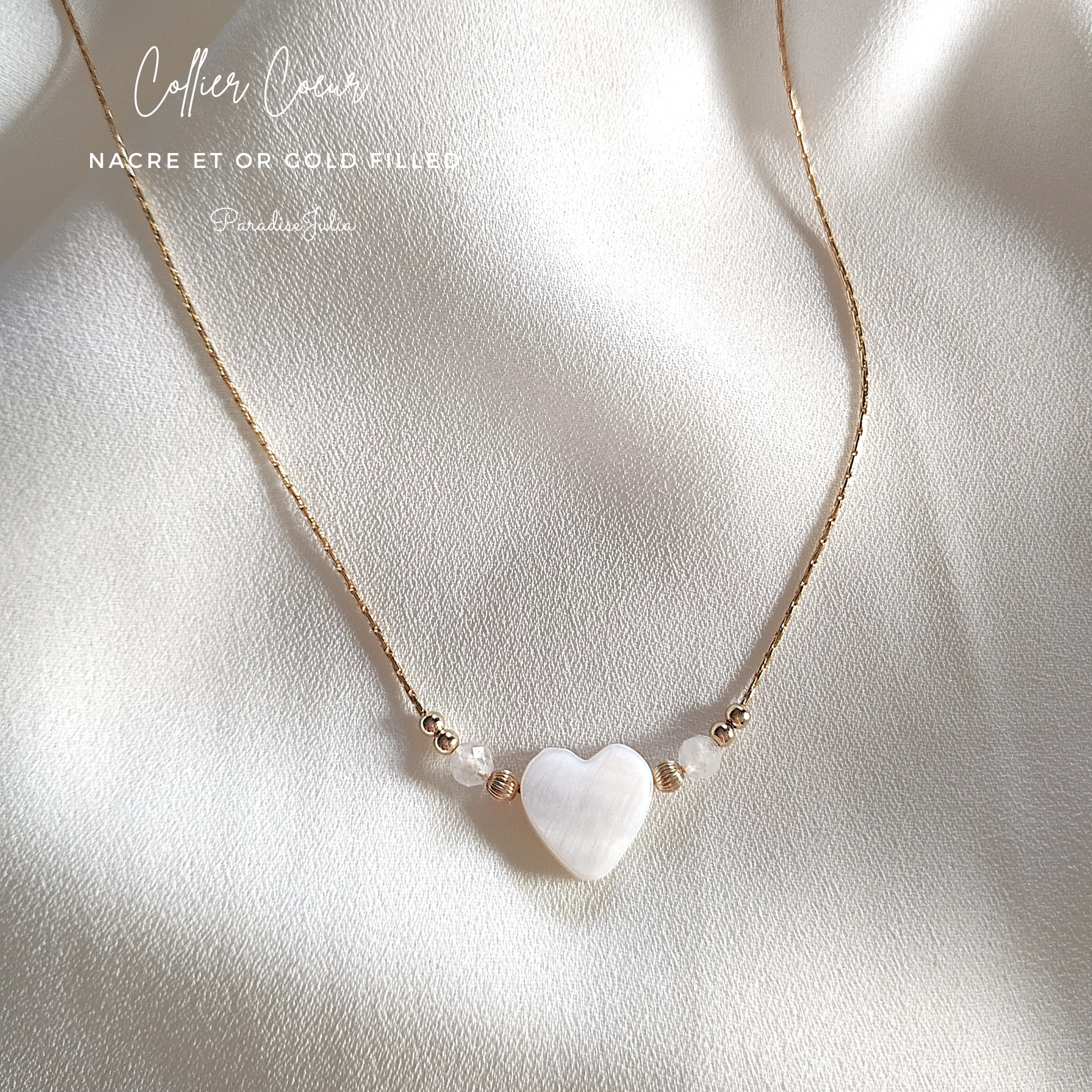 Collier Pierre de Naissance Personnalisé avec coeur Nacre Naturelle et or Gold Filled-Idée cadeau Jeune maman-ParadiseJulia