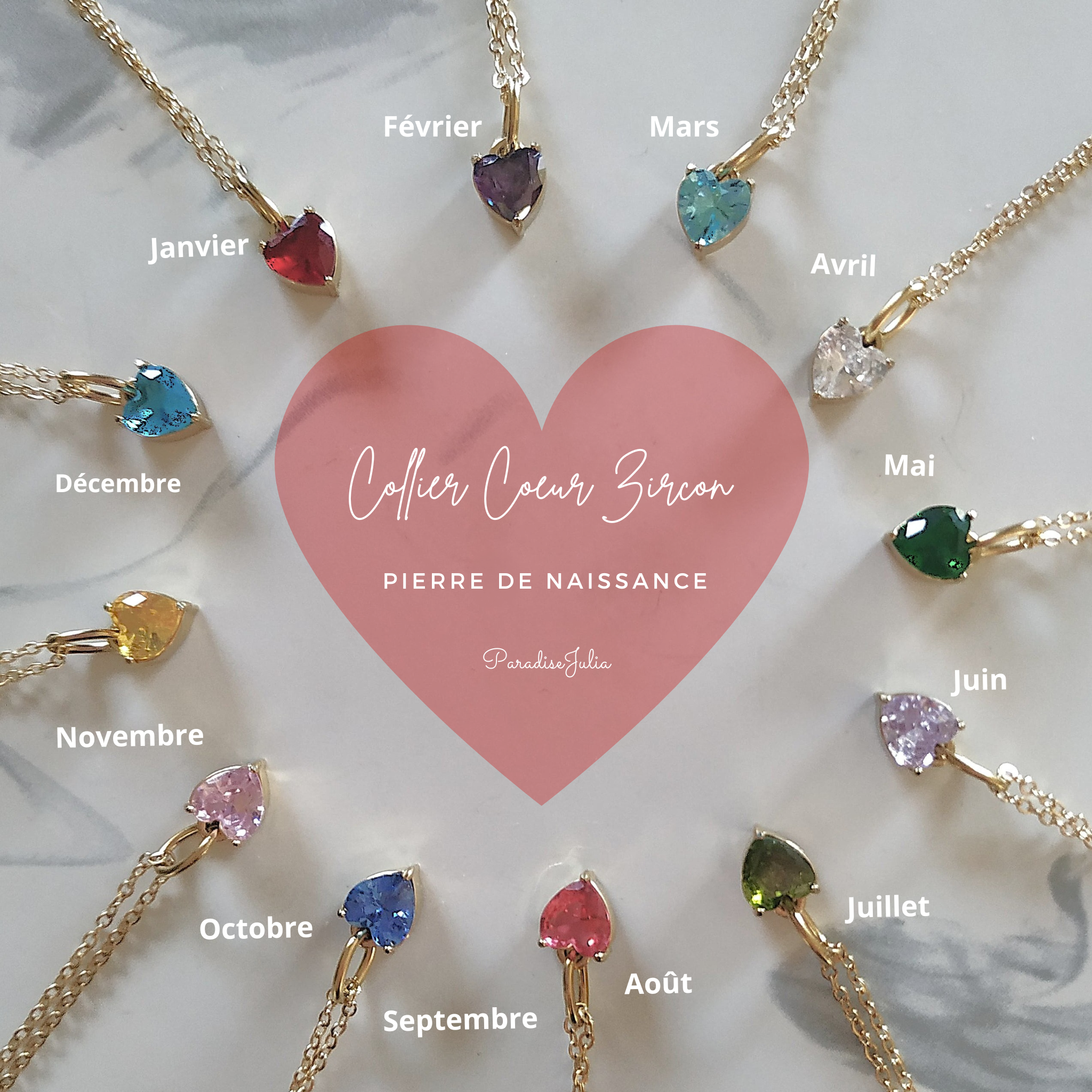 Collier Coeur-Pierre de Naissance Zircon-Bijoux romantique-cadeaux Naissance-Paradisejulia
