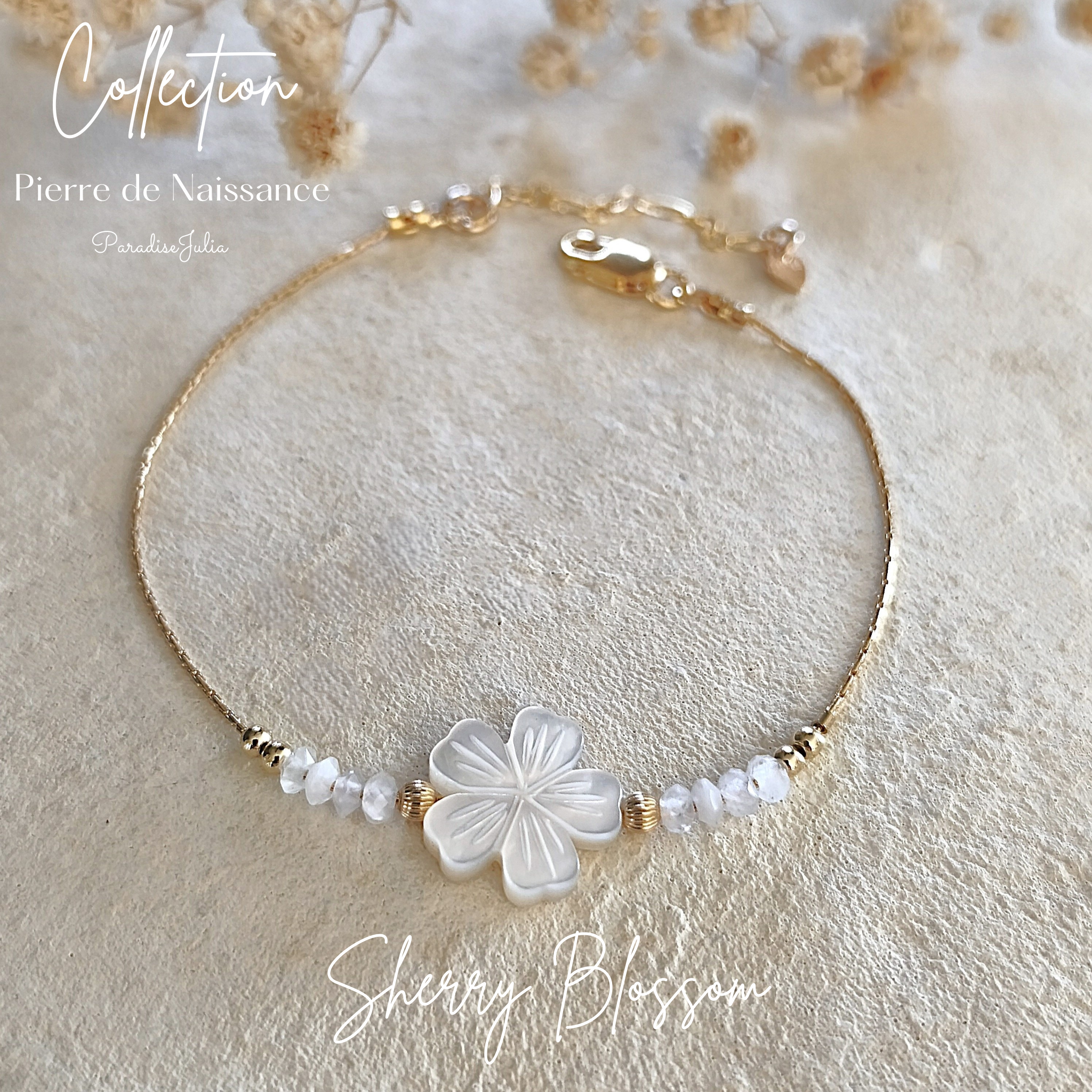 Bracelet-Pierre de naissance-Fleur de Sakura-Sherry Blossom-Idée cadeaux de Noel pour femme en or gold filled