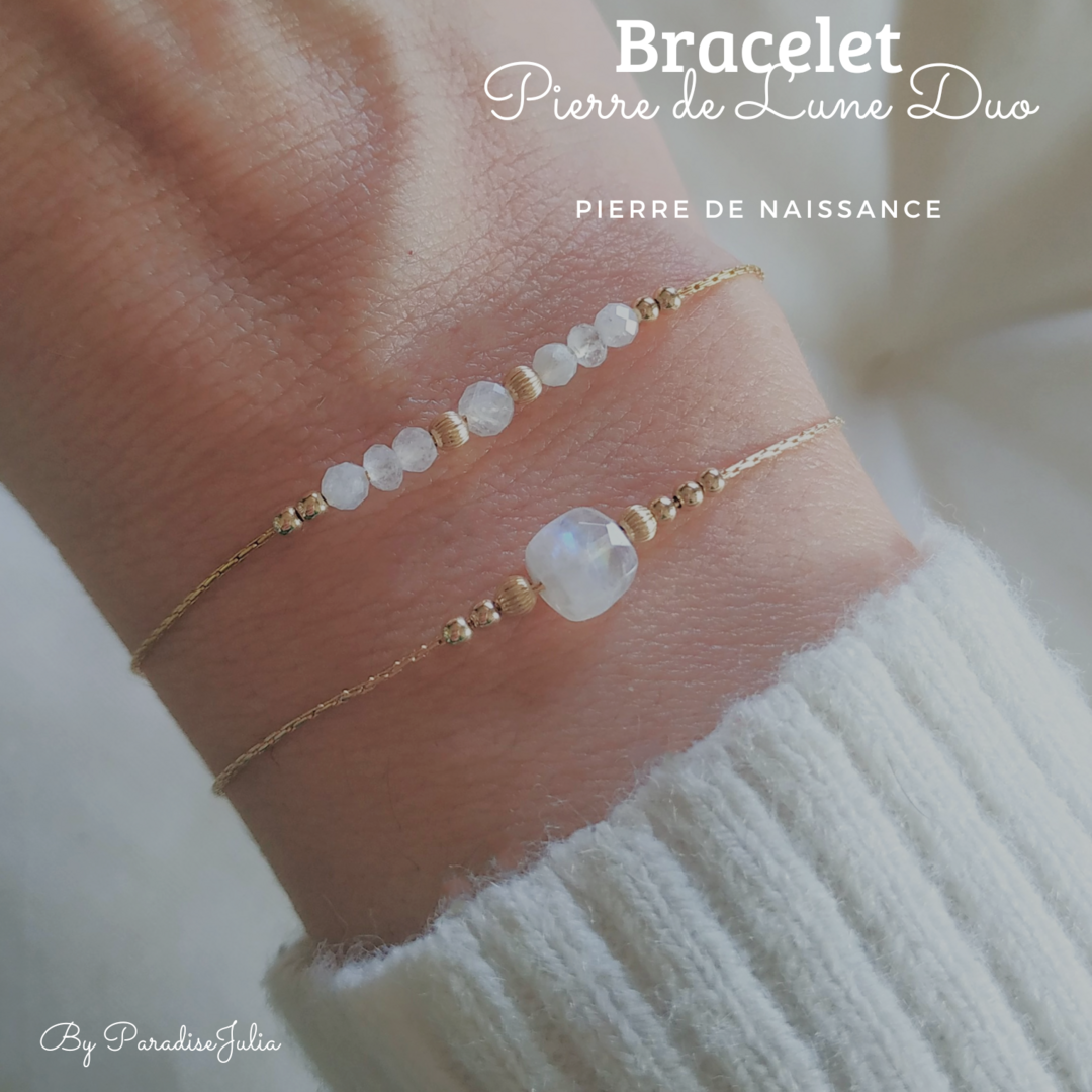 Bracelet pierre de naissance-juin-pierre de lune carré & Perles- DUO