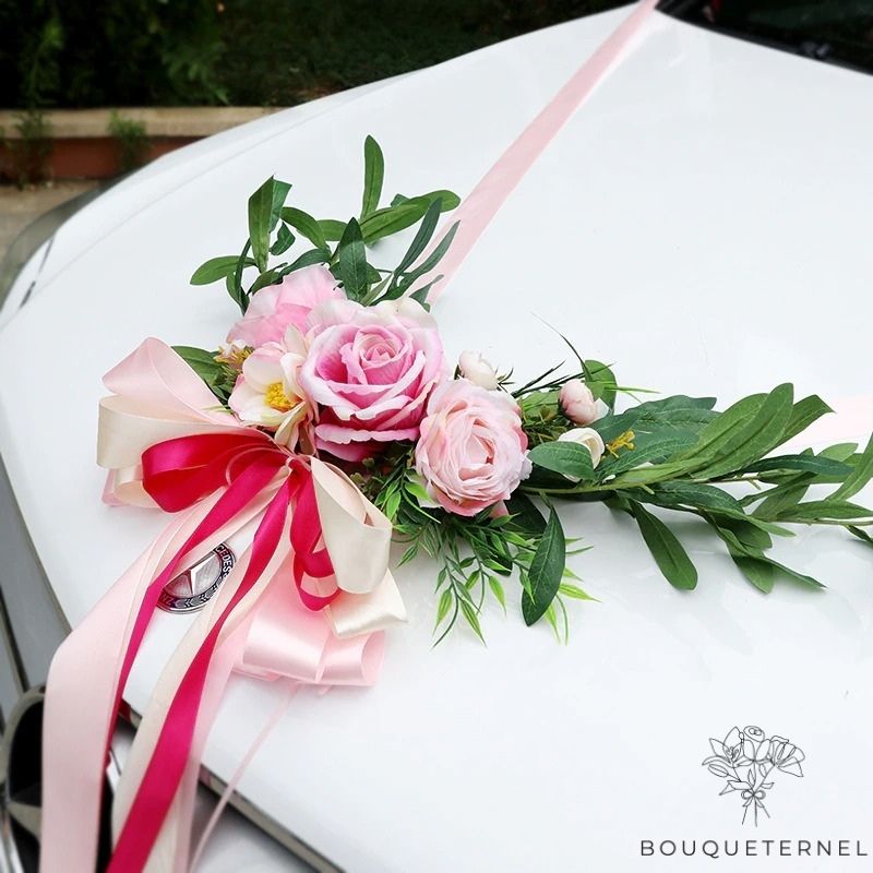 Décoration de fleurs pour Voiture de Mariage Champêtre Rose | Bouquet Artificiel | Pivoines Artificielles | Bouqueternel