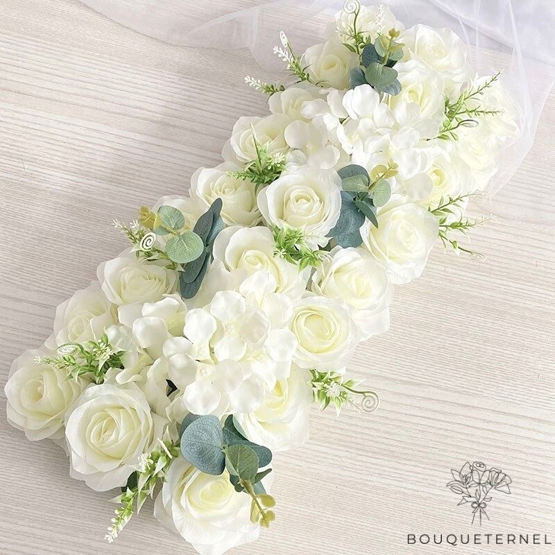 Art Floral Centre De Table Allongé Blanches avec feuilles blanches | Bouquet Artificiel | Pivoines Artificielles | Bouqueternel