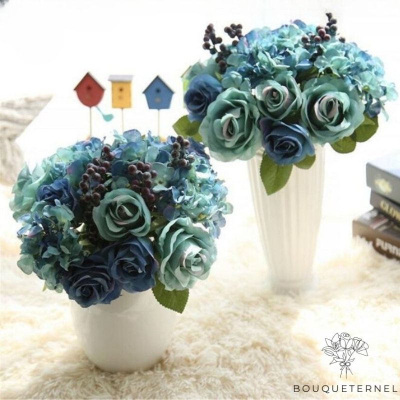 Déco Table Grise Bleu Turquoise | Bouquet Artificiel | Pivoines Artificielles | Bouqueternel