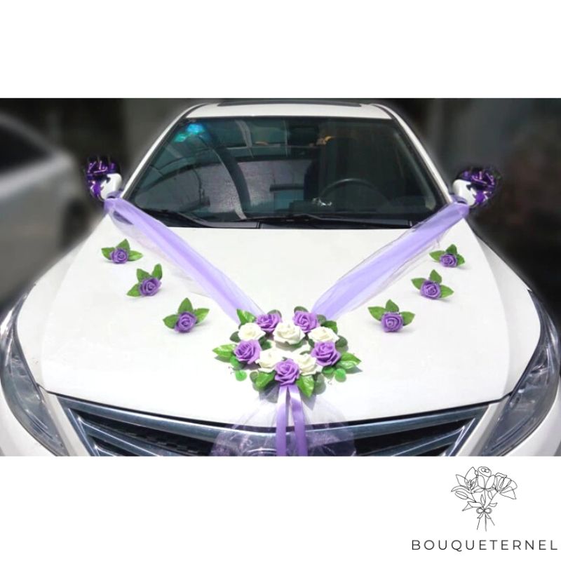 Couronne Fleur Voiture Mariage kit violet | Fleurs Artificielles Mariage | Fleur Voiture Mariage | Bouqueternel