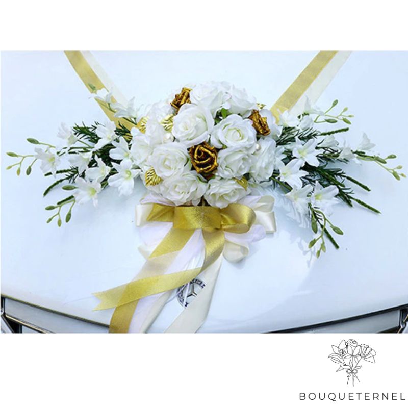 Décoration Voiture Mariage, Kit de décoration de Voiture de Mariage, Fleurs  artificielles Blanches et Ruban Blanc