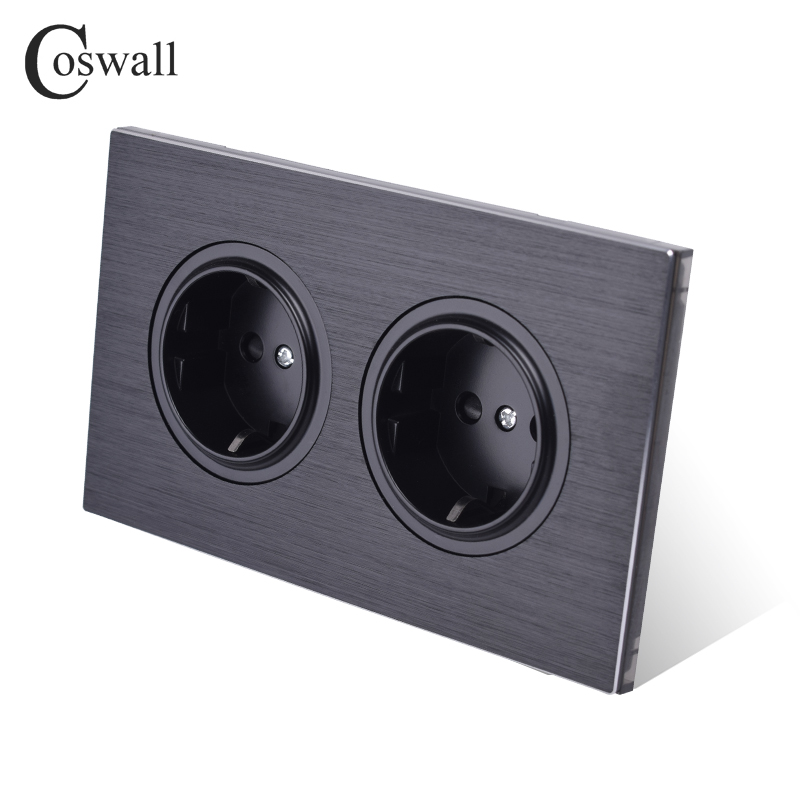 Coswall-luxueux-panneau-en-aluminium-noir-16A-Double-EU-prise-de-courant-murale-Standard-avec-serrure