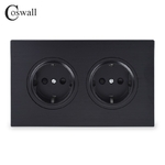 Coswall-luxueux-panneau-en-aluminium-noir-16A-Double-EU-prise-de-courant-murale-Standard-avec-serrure