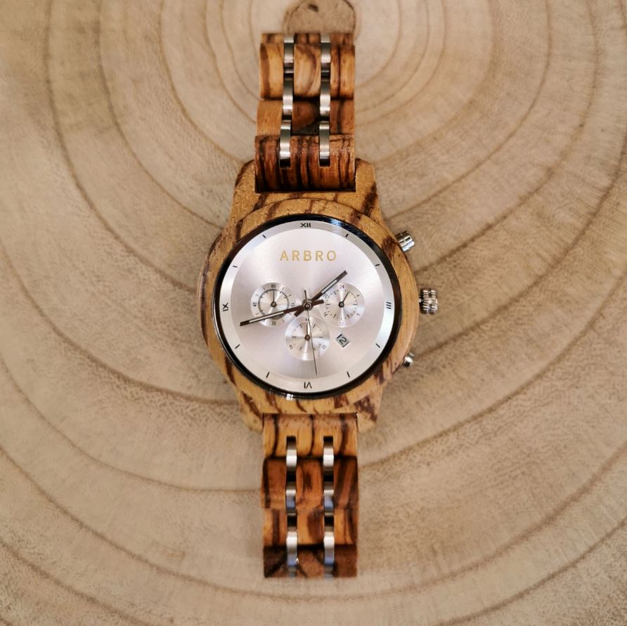 montre en bois silver shiny
