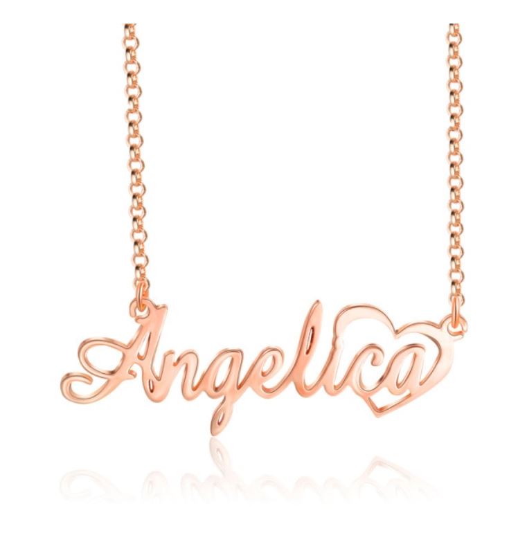 collier prénom en argent 925 avec decoration coeur couleur or rose