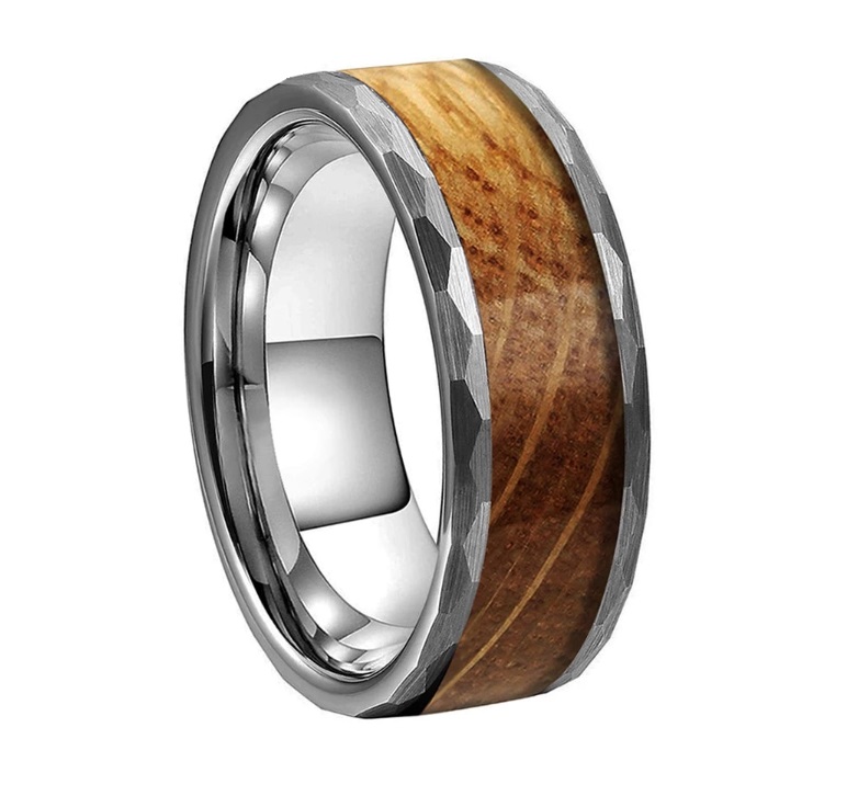 bague en bois tungstene martele argent mat